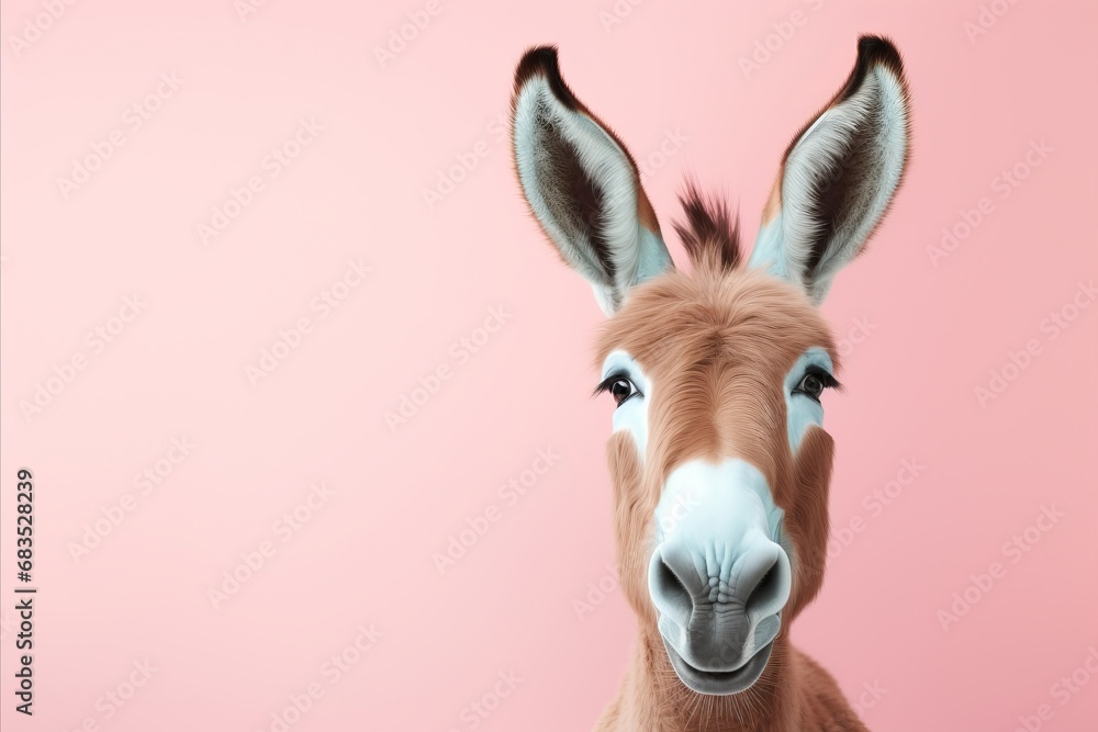 Poster stylish and joyful donkey posing on solid pastel color background with copy space for text placement