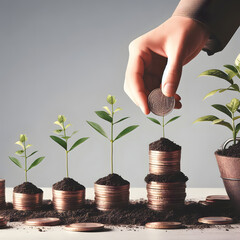 Hand putting coin to money tree growing from pile of coins, business growth concept - obrazy, fototapety, plakaty