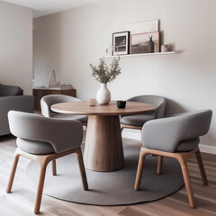 Graue Fassstühle am runden Esstisch aus Holz. Skandinavisches rustikales Innendesign eines modernen Wohnzimmers