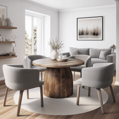 Graue Fassstühle am runden Esstisch aus Holz. Skandinavisches rustikales Innendesign eines modernen Wohnzimmers