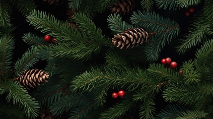 Christmas background by generating an overhead shot of spruce and thuja branches, accentuated with cones, to convey the joyous spirit of the holiday season. SEAMLESS PATTERN. SEAMLESS WALLPAPER.