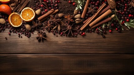 mulled wine spices arranged on a vintage wooden backdrop from a top perspective, with sufficient space for text or invitations.