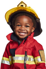 Smiling dark-skinned boy about 5 years old dressed in a firefighter costume on a transparent background, PNG - obrazy, fototapety, plakaty