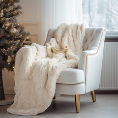 Elfenbeinfarbener Kuschelstuhl mit Felldecke neben einem geschmücktem Weihnachtsbaum. Winter Ferienhaus eines modernen Wohnzimmers