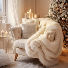Elfenbeinfarbener Kuschelstuhl mit Felldecke neben einem geschmücktem Weihnachtsbaum. Winter Ferienhaus eines modernen Wohnzimmers