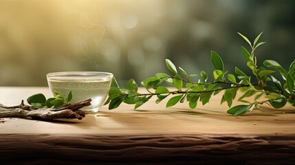 a realistic and visually enticing photo featuring green granulated tea and a green tea tree branch elegantly arranged on a light wooden background.