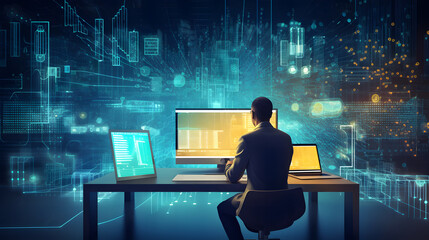 Data Processing, digital technology, internet network concept. Computer programmer working on big data and programming code, Cloud computing and blockchain technology concept