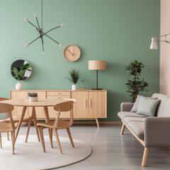 Mintfarbende Stühle am runden Esstisch aus Holz im Zimmer mit einem Sofa in der Nähe der grünen Wand. Skandinavisches Innendesign mit modernem Wohnzimmer