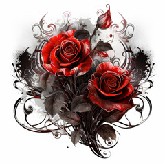 A painting of RED  roses and leaves isolated on white background, in the style of realistic fantasy artwork
