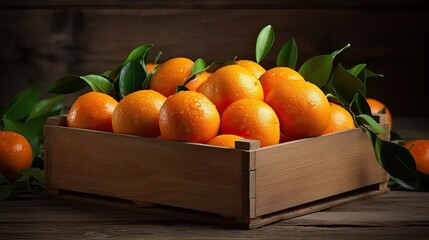 fresh tangerines in a wooden box, set against a textured wooden background, the natural lighting to bring out the vibrant colors and textures of the citrus fruits.