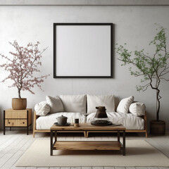 Quadratischer Couchtisch neben weißem Sofa und rustikale Schränke vor weißer Wand mit leeren Posterrahmen. Japanische Innenarchitektur eines modernen Wohnzimmers