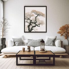 Quadratischer Couchtisch neben weißem Sofa und rustikale Schränke vor weißer Wand mit leeren Posterrahmen. Japanische Innenarchitektur eines modernen Wohnzimmers