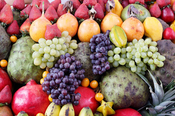 Beautiful composition of exotic fruits in the central covered market place of Arequipa, Peru.