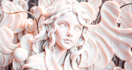 Marble statue of a woman with gracefully curly hair, creating the effect of flow and movement. Generative AI