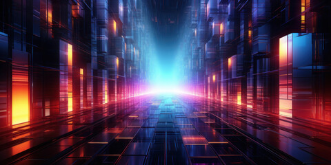 Abstract digital space background, dark futuristic tech room. Perspective view of data blocks and cyber energy neon light. Concept of technology, future, network, cloud, storage