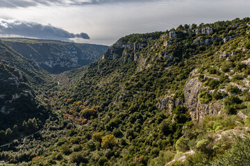Panoramic view of the Anapo valley and the Pantalica plateau near Siracusa, in Sicily