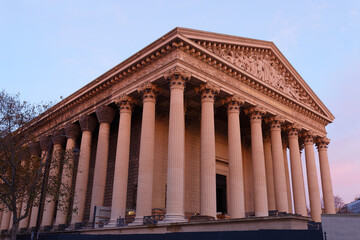 Outside Facade La Madeleine Church Paris France. Catholic church created in 1800s .