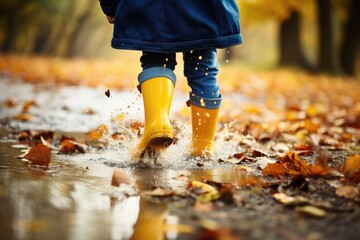 A kid wearing yellow rubber boots walking on puddles in autumn park