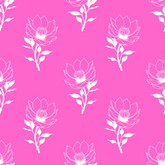 seamless symmetrical pattern of white graphic magnolia flowers on a pink background, texture, design