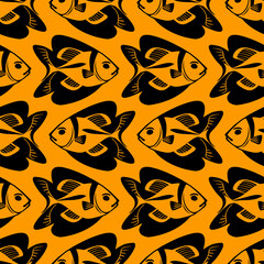 simple seamless pattern of black graphic fish on an orange background, texture, design