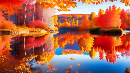 A tranquil lake nestled amid a kaleidoscope of fiery orange and crimson autumn trees, their vibrant hues delicately mirrored on the glassy surface of the water