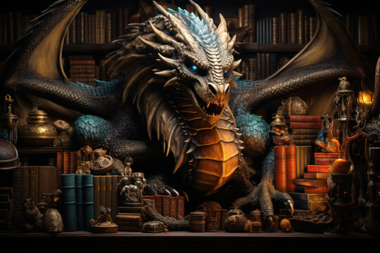 A dragon-themed bookshelf with books on mythical creatures. Concept of reading and fantasy literature. Generative Ai.