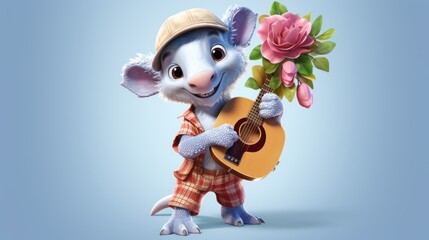 A cartoon mouse holding a guitar and flowers - obrazy, fototapety, plakaty