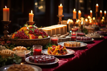 A festive Orthodox Old New Year's dinner table adorned with traditional dishes. Concept of cultural celebration and culinary traditions. Generative Ai.