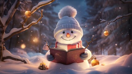 A snowman reading a book in the snow - obrazy, fototapety, plakaty