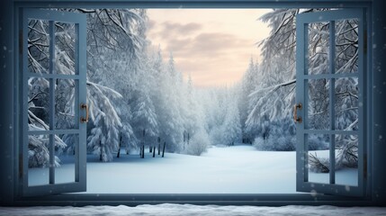 A view of a snowy forest through an open window
