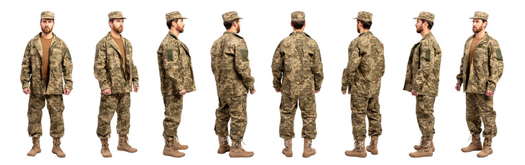 Collage of  bearded man,  middle aged soldier wearing camouflage military uniform isolated on...