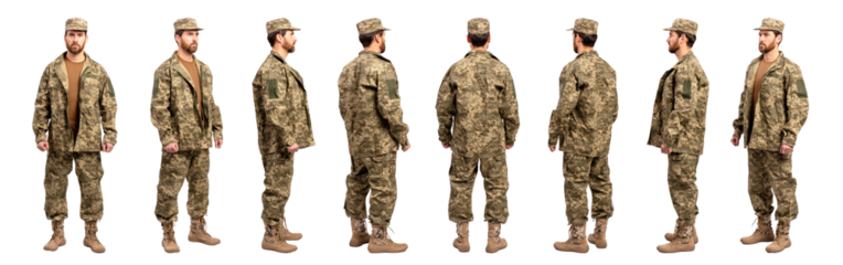 Collage of  bearded man,  middle aged soldier wearing camouflage military uniform isolated on transparent  background. Clipping path