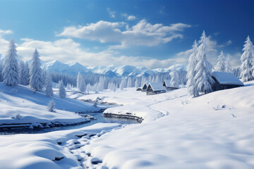 Fototapeta premium A winter landscape covered in snow, setting the scene for Old New Year's celebrations. Concept of seasonal beauty and nature. Generative Ai.