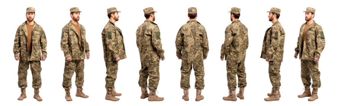 Collage of bearded man, middle aged soldier wearing camouflage military uniform isolated on transparent background. Clipping path - Powered by Adobe