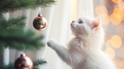 Cute adorable White Christmas kitty Christmas tree postcard banner - obrazy, fototapety, plakaty