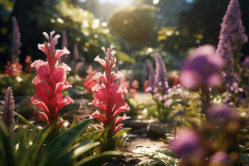 Obraz premium A gentle wind in a botanical garden, transporting the fragrances of rare and exotic plants. Concept of botanical diversity. Generative Ai.