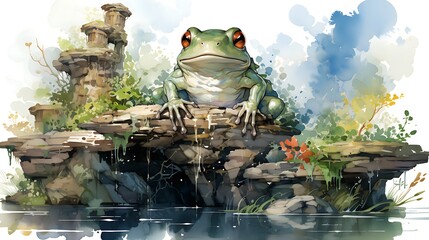 tranquil frog on a stone ledge - watercolor - obrazy, fototapety, plakaty