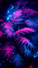 Obraz na płótnie Canvas Summer neon background, cyber purple, vivid colors of lights on palm leaves. Cyberpunk tropical exotic flat lay background.