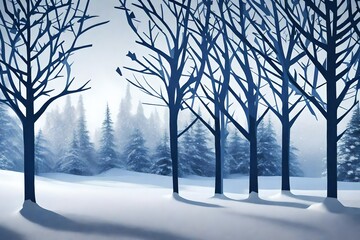 Design a silhouette of  winter trees in dark blue against a snowy white background. 