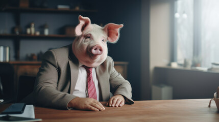 Corporate boss with a pig head in his office - obrazy, fototapety, plakaty