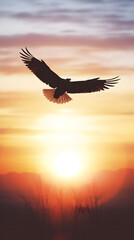 New year rising bright sun and sunrise background and an eagle flying high in the sky with its big wings spread
