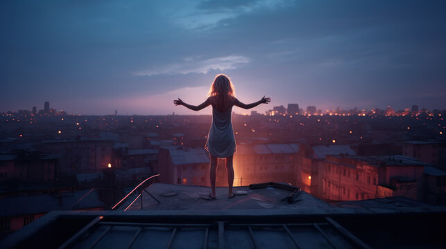 Female sleepwalker on roof at night