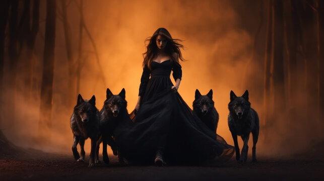 Young witch and pack of wolves in foggy forest