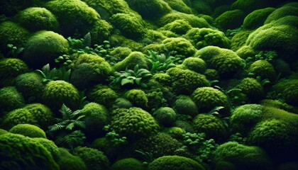 Lush moss texture background. soft and verdant growth. Spongy and damp to the touch. Vibrant and earthy ecosystem. - obrazy, fototapety, plakaty