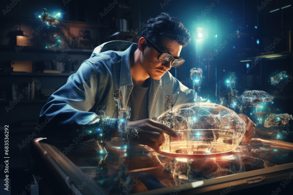 Poster a tech innovator envisioning groundbreaking solutions, pushing the boundaries of what is technologic