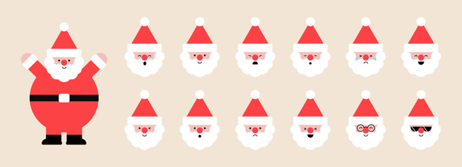 Santa Claus head set. Christmas cute character icon collection. Happy and sad face. Different emotion, holiday winter background. Xmas minimal design. Trendy style isolated vector flat illustration. - 683536277