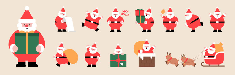 Santa Claus collection. Christmas cute character set. Faces and full body. Various view, Different emotion, Xmas red clothes, Animation, Pose, Gesture. Trendy style isolated vector flat illustration. - obrazy, fototapety, plakaty