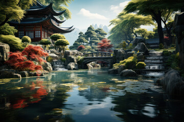 A meticulously arranged Japanese garden, blending elements of stone, water, and plants into a...