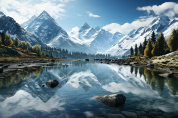 A mirrored lake reflecting a mountainous landscape, capturing the serenity and symmetry that defines natural beauty. Concept of tranquil reflections. Generative Ai.