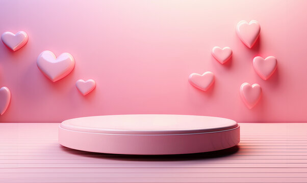 Happy Valentine's Day, Pink podium for presenting product 3d heart create on pink background with copy space for text